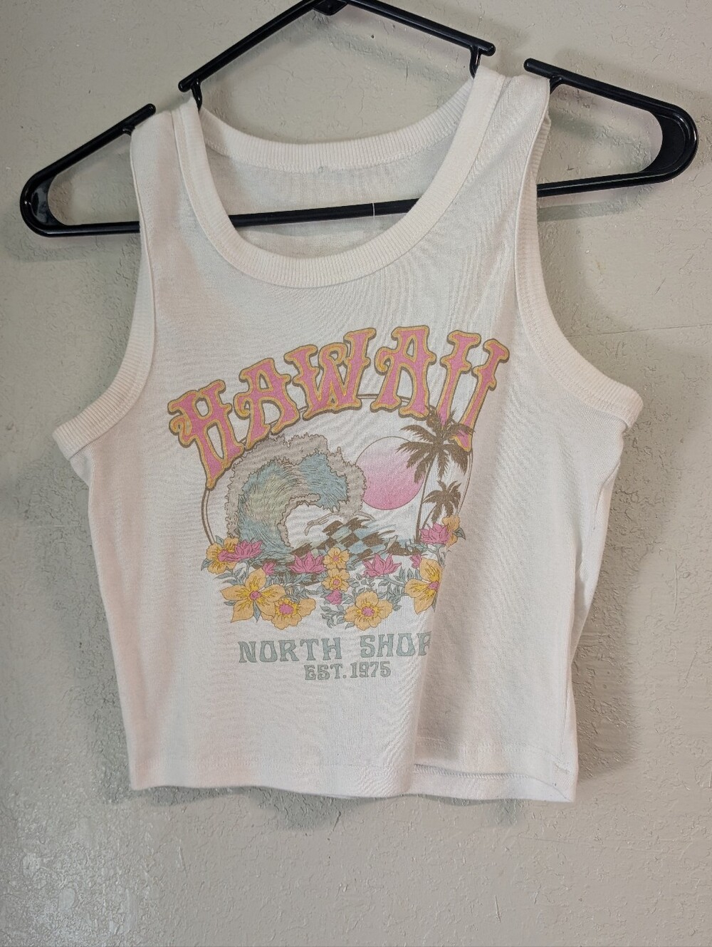 Hawaii Graphic Tank Top XS White Pink Cropped Tropical Retro Beach Coastal Boho
